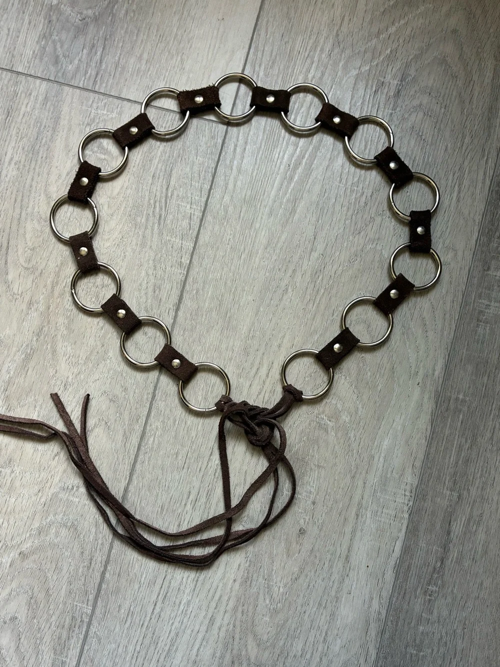 Brown O Ring Link Waist Belt w Leather Suede Ties Boho Coastal Cowgirl Festival